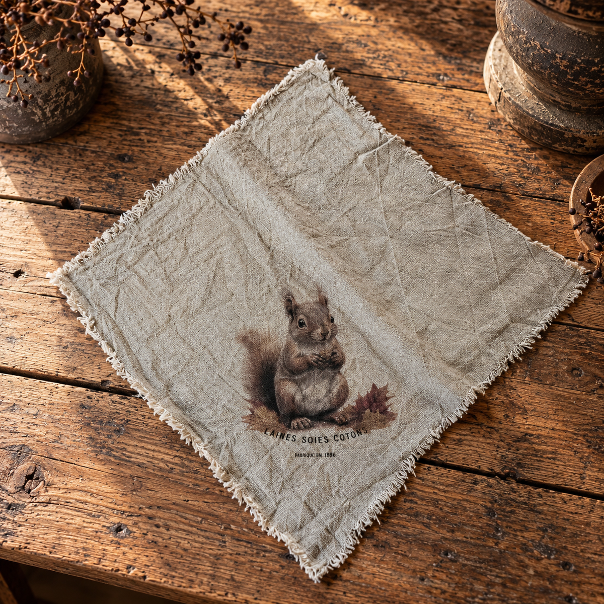 Linnen shabby doek 45 x 45 cm met eekhoorn met herfstblad