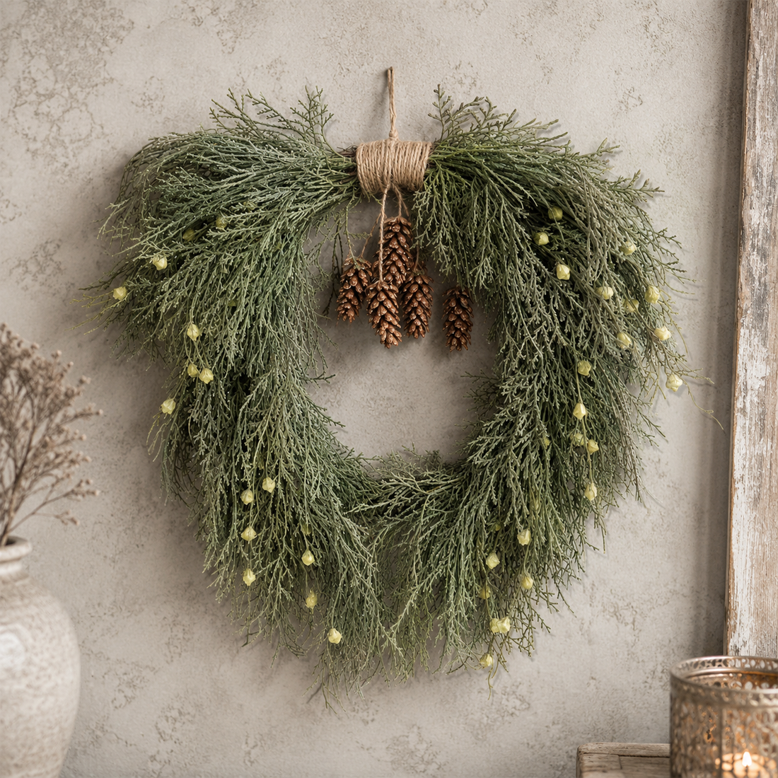 Sylxz kunstkrans van thuja met dennenappels en touw