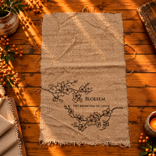 Linnen shabby doek 30 x 45 cm met bloesemtakken en de tekst “Bloesem”