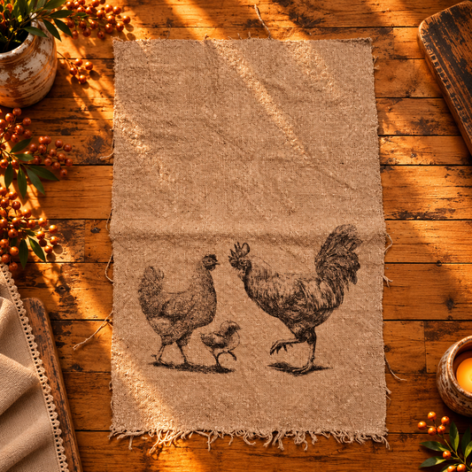 Linnen shabby doek 30 x 45 cm met kippenfamilie (haan, kip en kuiken)