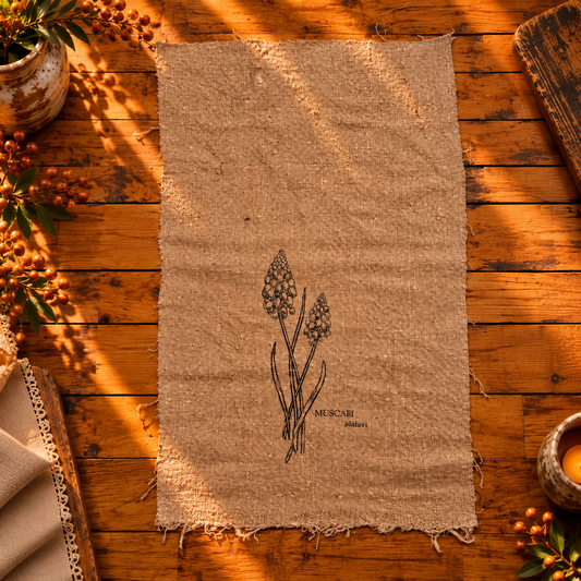 Linnen shabby doek 30 x 45 cm met muscari (blauwe druifjes)