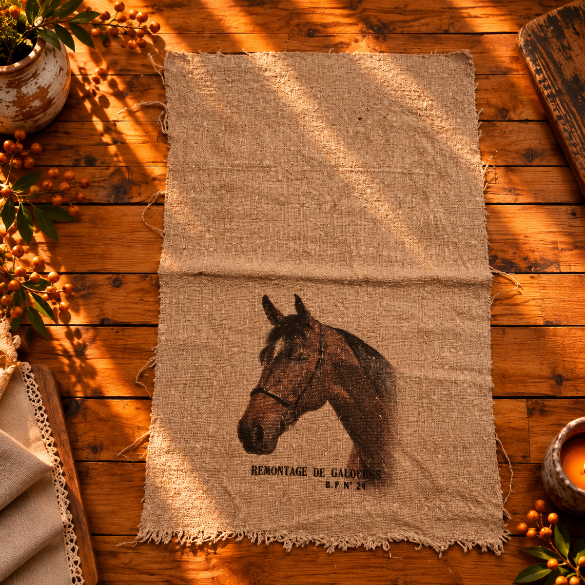 Linnen shabby doek 30 x 45 cm met paardenhoofd