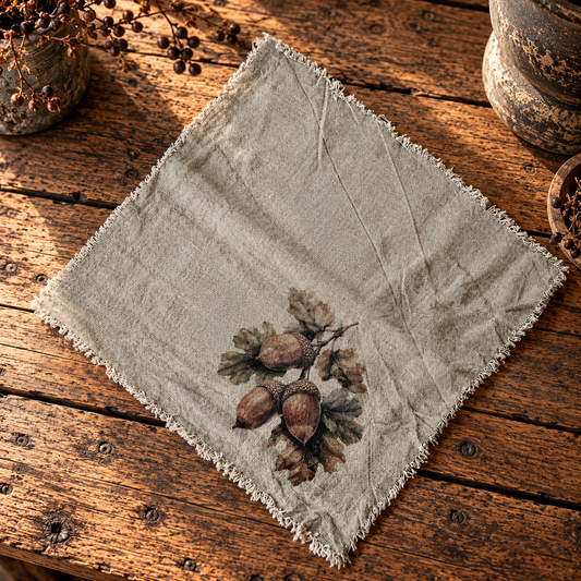 Linnen shabby doek 45 x 45 cm met eikels met eikenblad