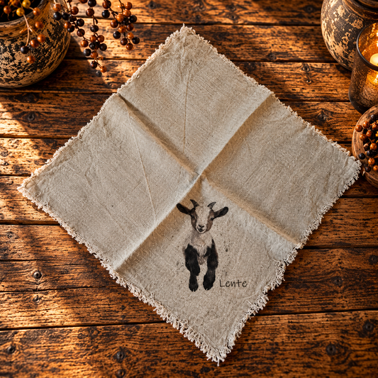 Linnen shabby doek 45 x 45 cm met geitje en de tekst “Lente”