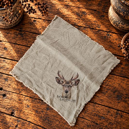 Linnen shabby doek 45 x 45 cm met hertenkop met klein gewei