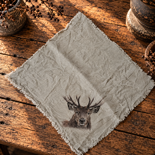 Linnen shabby doek 45 x 45 cm met hertenkop met gewei in kleur