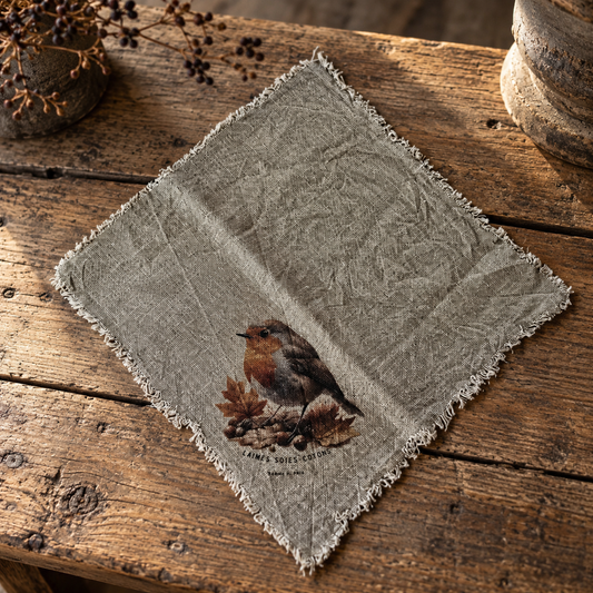 Linnen shabby doek 45 x 45 cm met roodborstje
