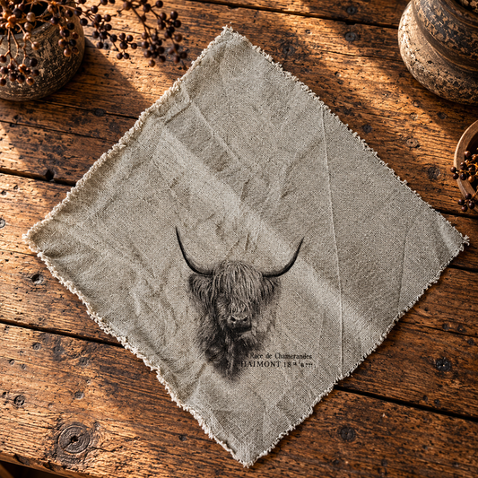 Linnen shabby doek 45 x 45 cm met Schotse hooglander met tekst